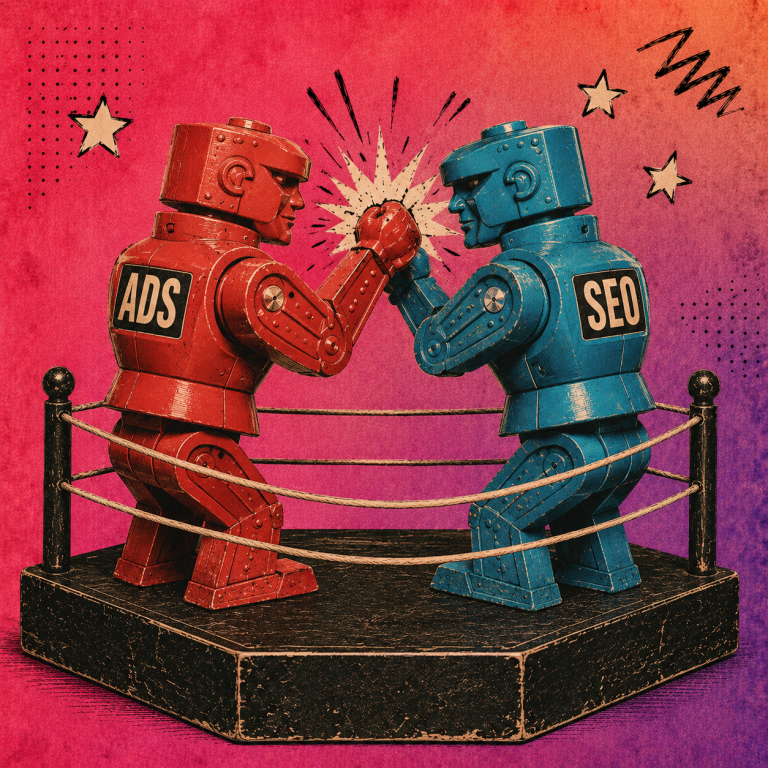 Vintage-inspired illustration of two retro toy boxing robots in a classic black Rock 'Em Sock 'Em arena, with one red robot labelled "ADS" and one blue robot labelled "SEO" facing off. The scene sits on a vibrant pink-to-purple gradient background with nostalgic comic-style doodles, halftone textures and distressed details, representing the comparison between Google Ads and SEO.
