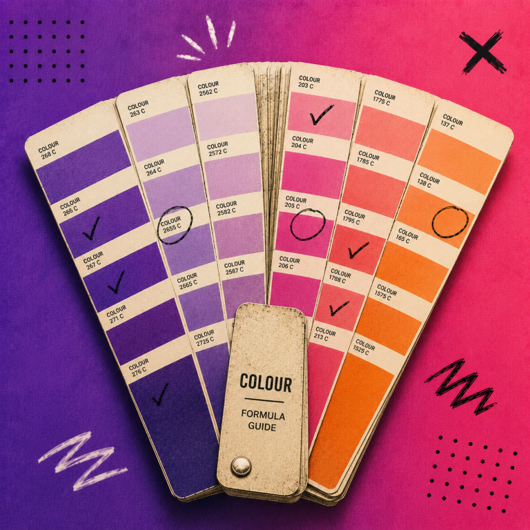 Vintage-inspired illustration of a fan of colour swatches with selected shades marked by hand-drawn ticks and circles, set against a purple and pink gradient background with subtle editorial doodles and halftone details, representing the decision between refreshing or completely rebranding a visual identity.