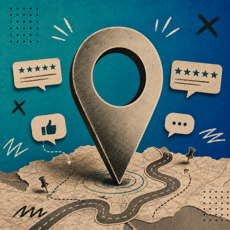 Retro-style illustration of a large map location pin on a vintage paper map, surrounded by review stars, speech bubbles, winding roads and editorial doodles on a teal and blue gradient background, representing the power of local SEO.