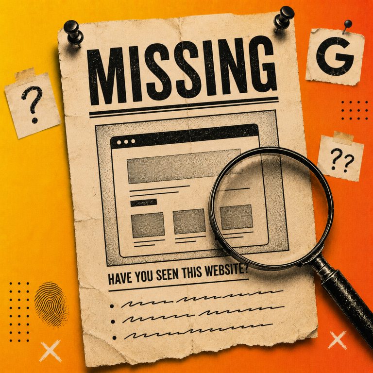 Vintage missing poster-style graphic showing a website illustration under a magnifying glass, with question marks, a Google “G”, fingerprint and detective-style details on an orange and yellow gradient background.