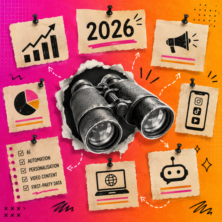 Editorial-style collage featuring vintage binoculars surrounded by pinned notes highlighting AI, automation, video content, analytics, social media and digital marketing, set against a vibrant pink and orange gradient background with hand-drawn arrows and doodles representing emerging marketing trends in 2026.