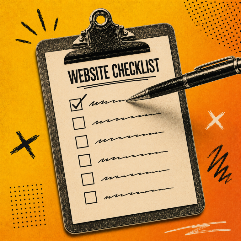 Vintage-style illustration of a clipboard labelled "Website Checklist" with a pen ticking the first item on a six-point checklist. Set against a yellow and orange gradient background with hand-drawn doodles and editorial collage details, representing a website preparation checklist.