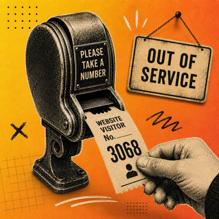 Vintage-style illustration of a hand pulling a “Website Visitor No. 3068” ticket from an old queue ticket dispenser, with an “Out of Service” sign on an orange and yellow gradient background, representing website traffic that is not converting into enquiries.