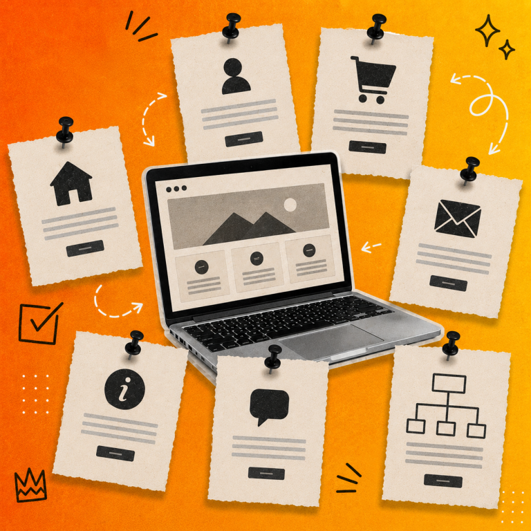 Editorial-style collage featuring a laptop displaying a website layout, surrounded by pinned paper pages representing essential website sections such as Home, About, Contact, Services, Shop and Sitemap, set against an orange and yellow gradient background with hand-drawn arrows, doodles and textured paper elements.