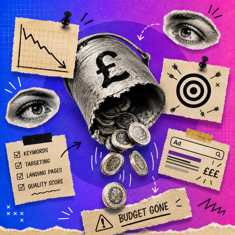 Editorial-style collage featuring a black-and-white hand holding a pound symbol, surrounded by pinned notes, target icon, budget checklist, Google Ads card and hand-drawn doodles on a blue, purple and pink gradient background, representing Google Ads budget management.