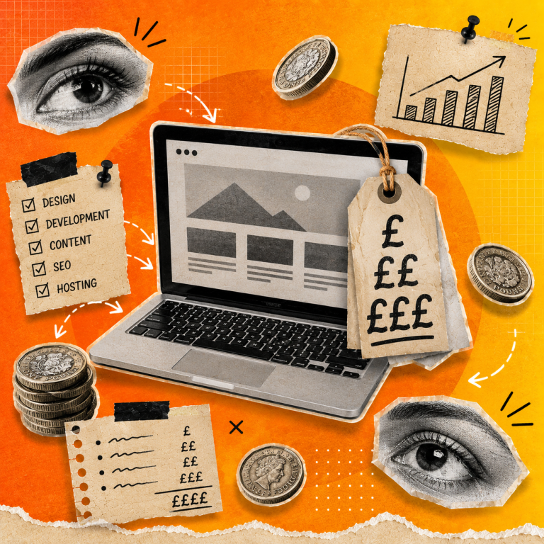 Editorial-style collage featuring a laptop with a hanging pound-sign price tag, surrounded by vintage pound coins, hand-drawn charts, checklist notes, and black-and-white eye cutouts on an orange and yellow gradient background, representing the factors that influence website costs.