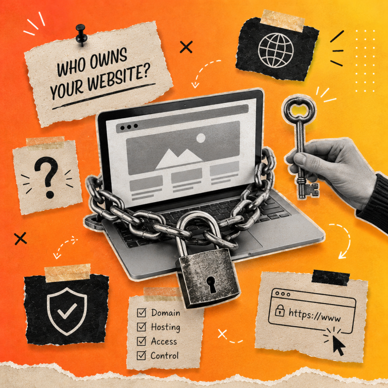 Editorial-style collage showing a laptop secured with chains and a padlock, surrounded by a key, website ownership symbols, security icons and pinned notes on an orange and yellow gradient background, representing website ownership and control.