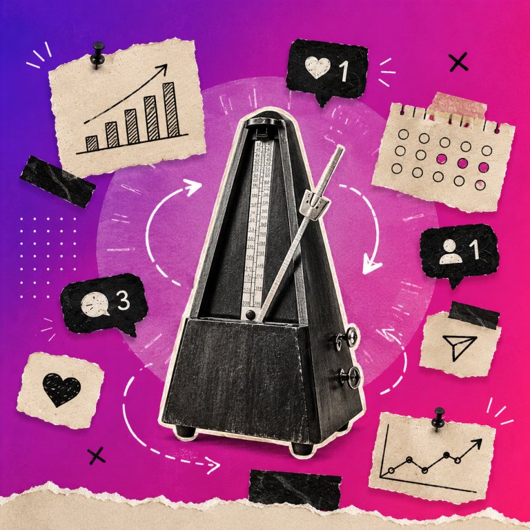 Editorial-style collage featuring a vintage metronome surrounded by social media notifications, growth charts, pinned notes and hand-drawn arrows on a pink and purple gradient background, representing consistency and rhythm in social media marketing.