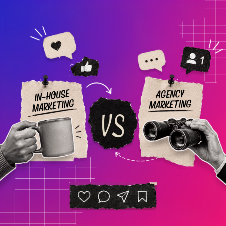 Editorial-style collage graphic comparing in-house marketing and agency marketing, featuring pinned paper notes, social media icons, a coffee mug, binoculars and hand-drawn arrows on a blue and pink gradient background.