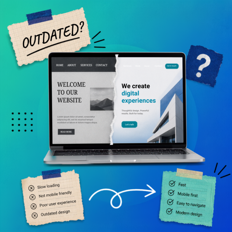 Split-screen website comparison displayed on a laptop, showing an outdated website on the left and a modern website on the right. Surrounding graphics highlight common signs of an outdated website, including slow loading speeds, poor mobile usability, outdated design and weak user experience, alongside benefits of a modern website such as fast performance, mobile-first design and easy navigation. Blue gradient background with collage-style marketing elements and the headline "Outdated?".