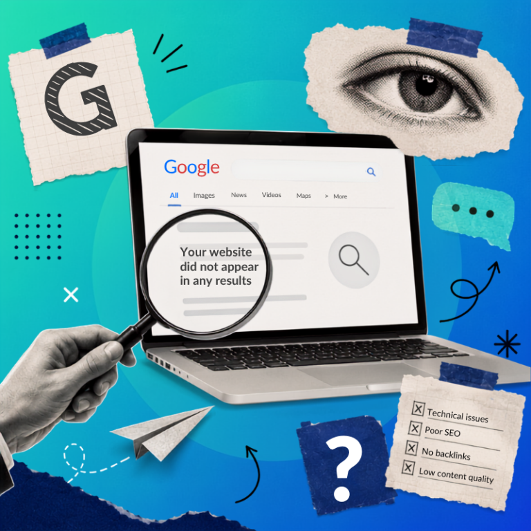 Laptop displaying Google search results with a magnifying glass highlighting a message that reads "Your website did not appear in any results". Surrounding the screen are SEO-themed illustrations including an eye, search icon, paper aeroplane, checklist and question mark on a blue gradient background. Concept image representing website indexing issues, poor SEO, technical website problems and improving Google search visibility.