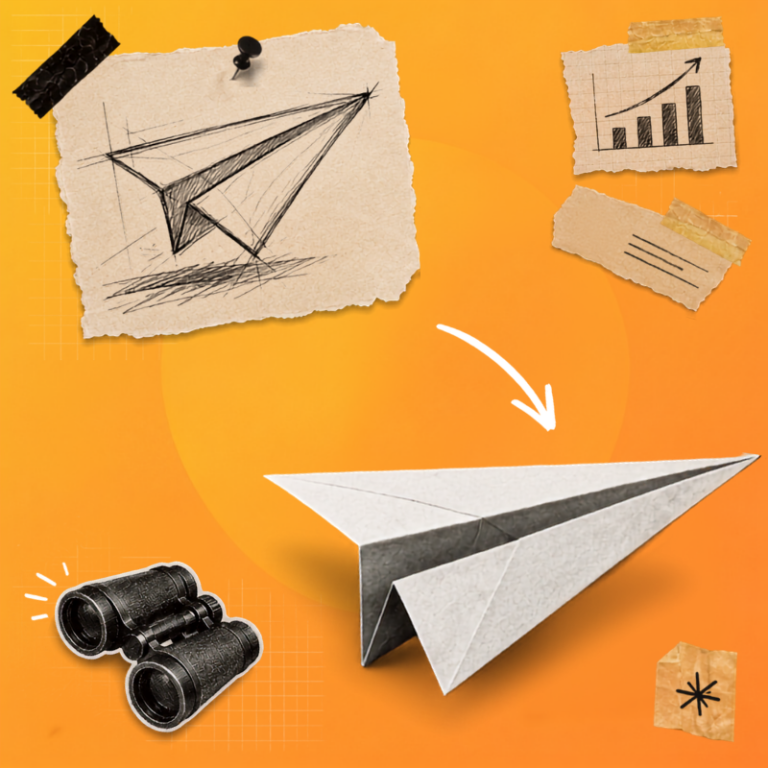 Illustration showing the evolution of a brand from concept to maturity, featuring a hand-drawn paper aeroplane sketch transforming into a finished paper aeroplane. Supporting visuals include binoculars, growth charts and directional arrows on an orange gradient background, representing business growth, brand development, strategic planning and the progression from startup to established brand.