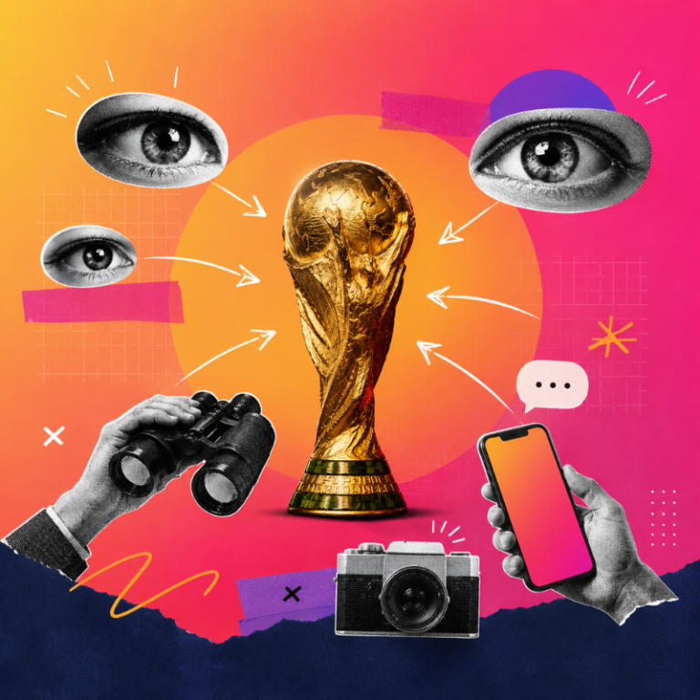 Creative marketing-themed collage showing the World Cup trophy with social media, cameras and audience attention elements, illustrating how major events capture attention and drive engagement.