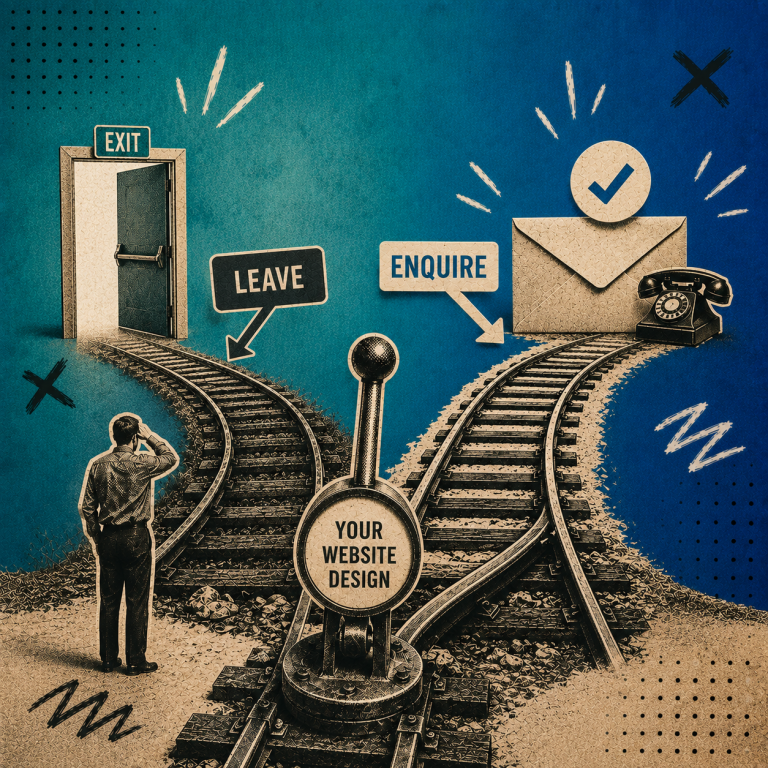 Vintage-style website for conversions illustration showing a railway switch directing visitors towards enquiries through effective website design and user experience.