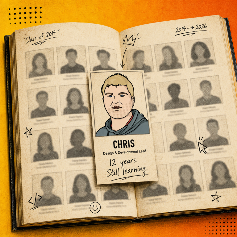 Retro yearbook-style illustration featuring Chris, Resknow’s Design & Development Lead, celebrating 12 years at Resknow with the message “12 years. Still learning.”