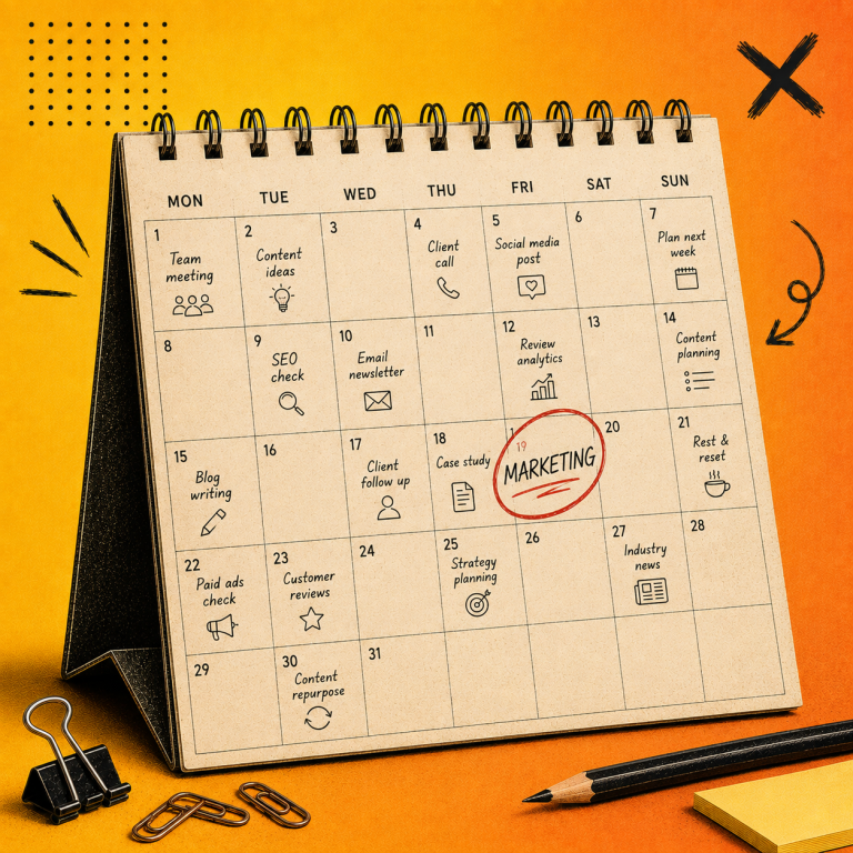 Retro-style illustration of a vintage desk calendar filled with marketing tasks and a circled “Marketing” reminder, set against a yellow and orange gradient background with editorial doodles, symbolising consistent marketing habits for small business growth.