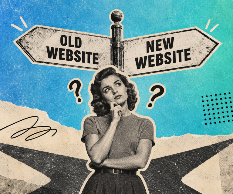 Retro-style illustration of a woman standing at a crossroads beneath a signpost pointing to “Old Website” and “New Website,” with question marks around her on a teal and blue gradient background, representing the decision to redesign an outdated website.