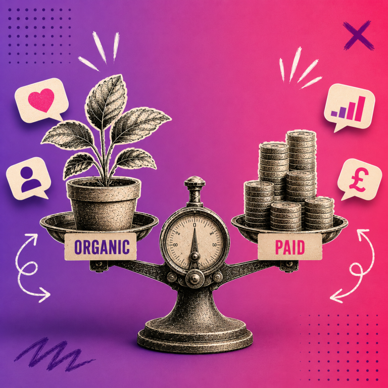 Retro-style illustration of vintage balance scales comparing organic vs paid social media, with a growing plant on one side and stacked pound coins on the other, set against a purple and pink gradient background with social media icons and editorial collage details.